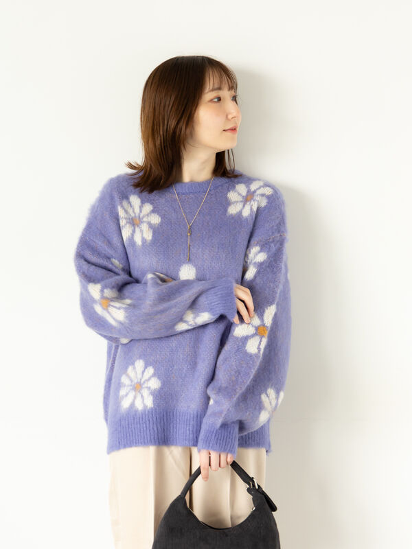 セール】 起毛花柄ジャカードニットプルオーバー（グレー/ブラック
