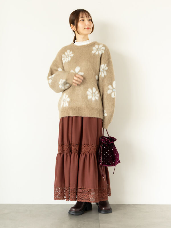 セール】 起毛花柄ジャカードニットプルオーバー（グレー/ブラック