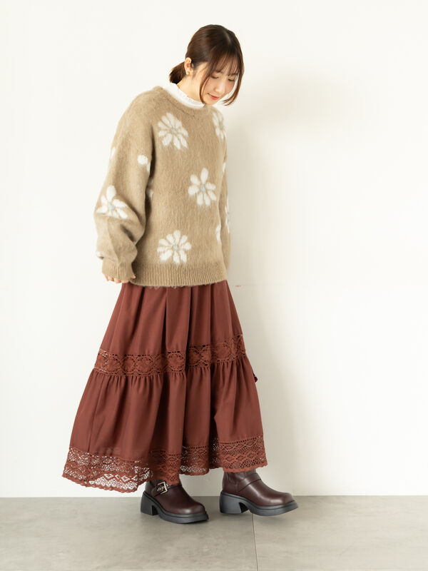 セール】 起毛花柄ジャカードニットプルオーバー（グレー/ブラック