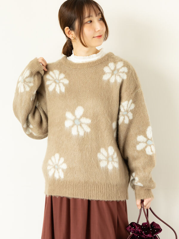 セール】 起毛花柄ジャカードニットプルオーバー（グレー/ブラック