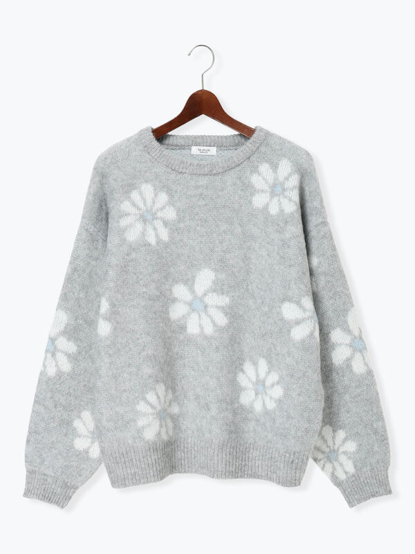 セール】 起毛花柄ジャカードニットプルオーバー（グレー/ブラック