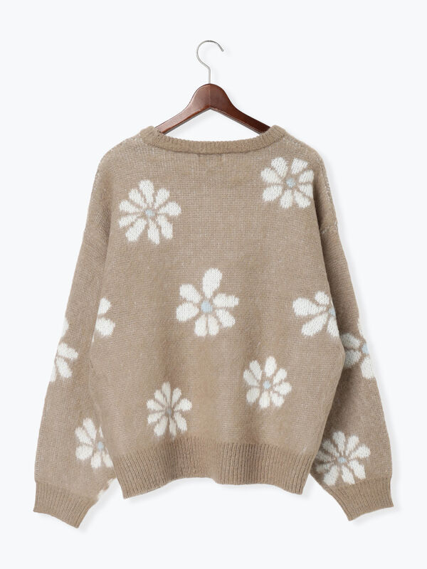 ニュースペーパー柄ニットプルオーバー0 セール】 起毛花柄ジャカードニットプルオーバー（グレー/ブラック