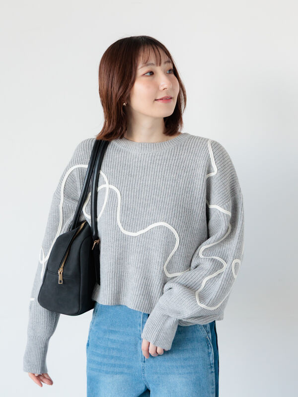 セール】 畦編みコード刺繍ニットプルオーバー（オフホワイト/グレー