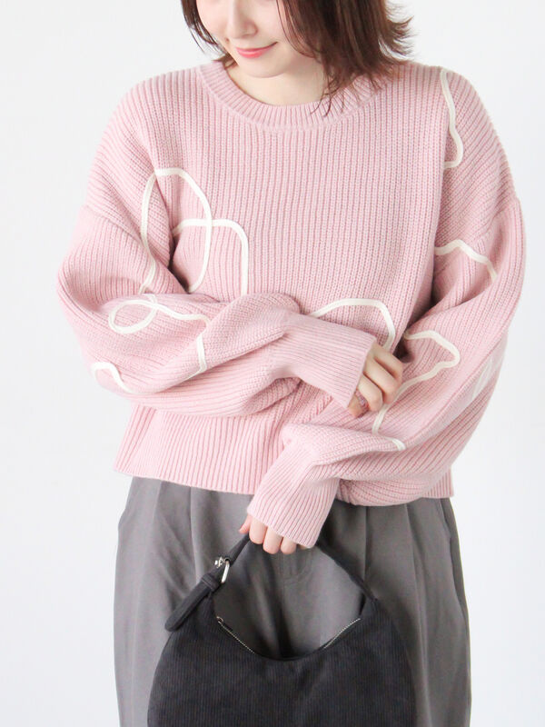 セール】 畦編みコード刺繍ニットプルオーバー（オフホワイト/グレー