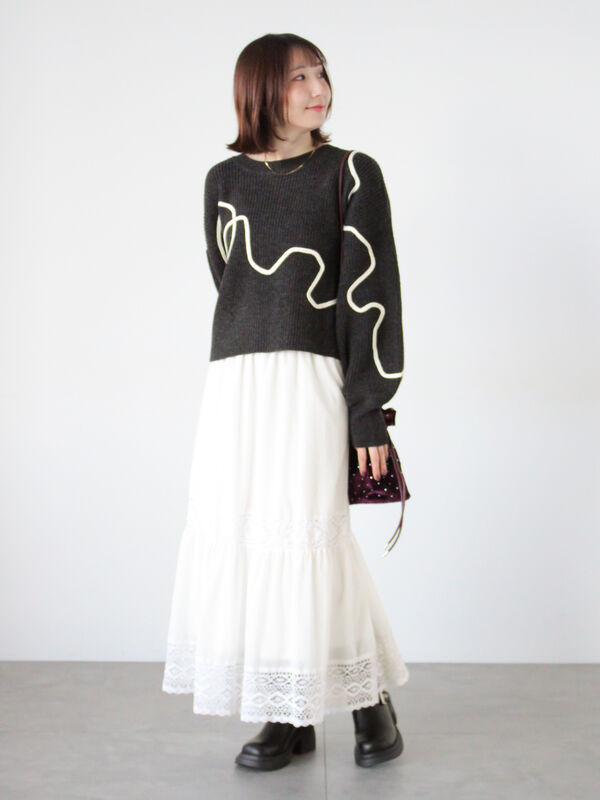 セール】 畦編みコード刺繍ニットプルオーバー（オフホワイト/グレー