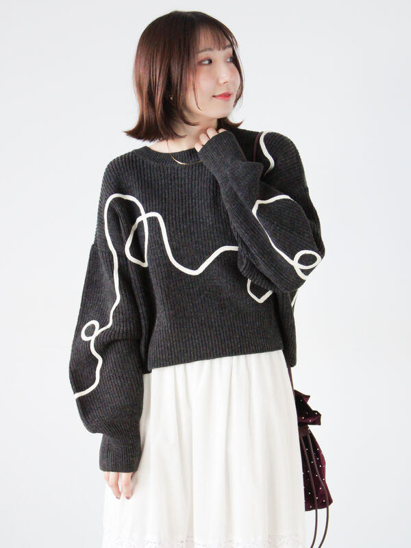 セール】 畦編みコード刺繍ニットプルオーバー（オフホワイト/グレー