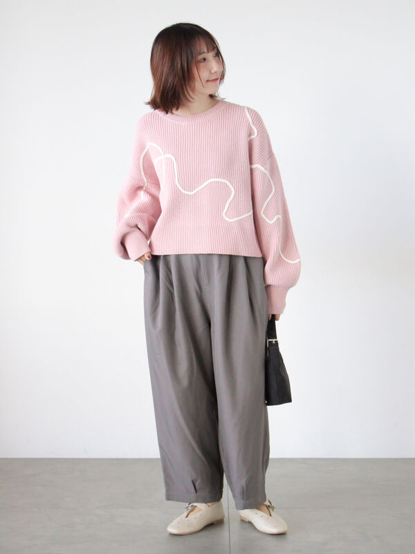 セール】 畦編みコード刺繍ニットプルオーバー（オフホワイト/グレー