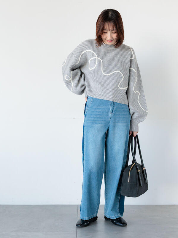 セール】 畦編みコード刺繍ニットプルオーバー（オフホワイト/グレー