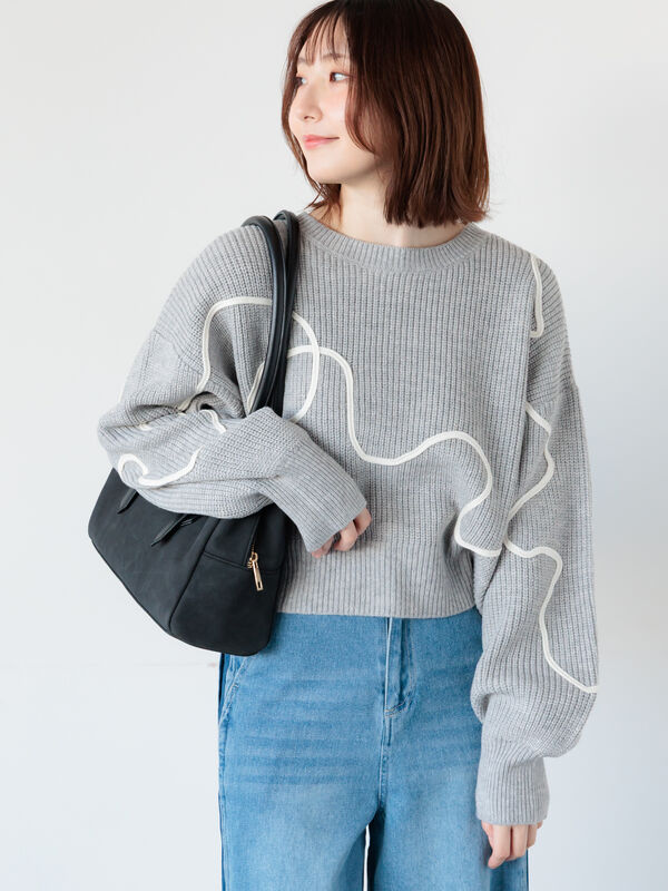 セール】 畦編みコード刺繍ニットプルオーバー（オフホワイト/グレー