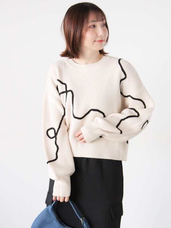 セール】 畦編みコード刺繍ニットプルオーバー（オフホワイト/グレー