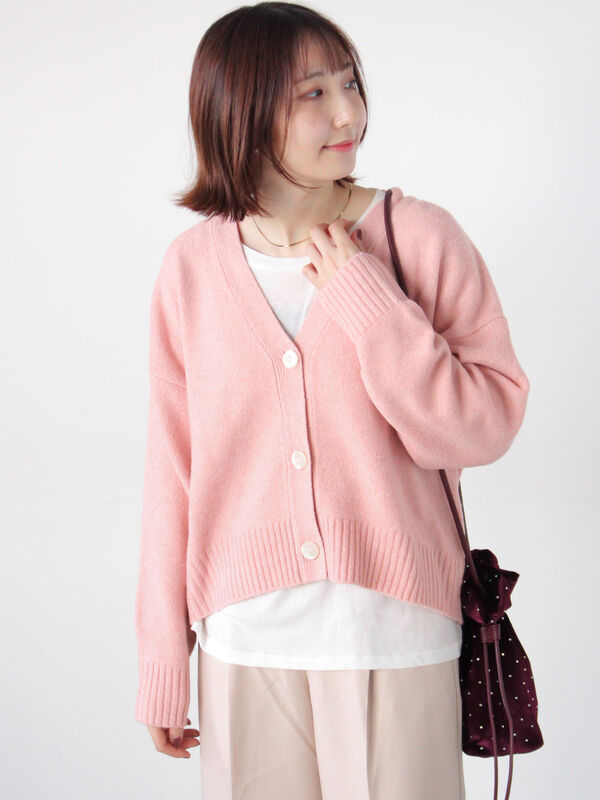 セール】 起毛ジャカードVネックショートカーディガン（グレー/ピンク