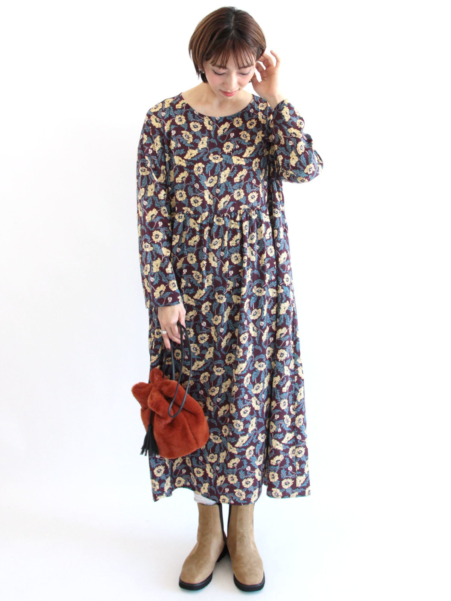 セール レトロ花柄サックワンピース グレー ボルドー ネイビー ワンピース Lugnoncure ルノンキュール 公式通販
