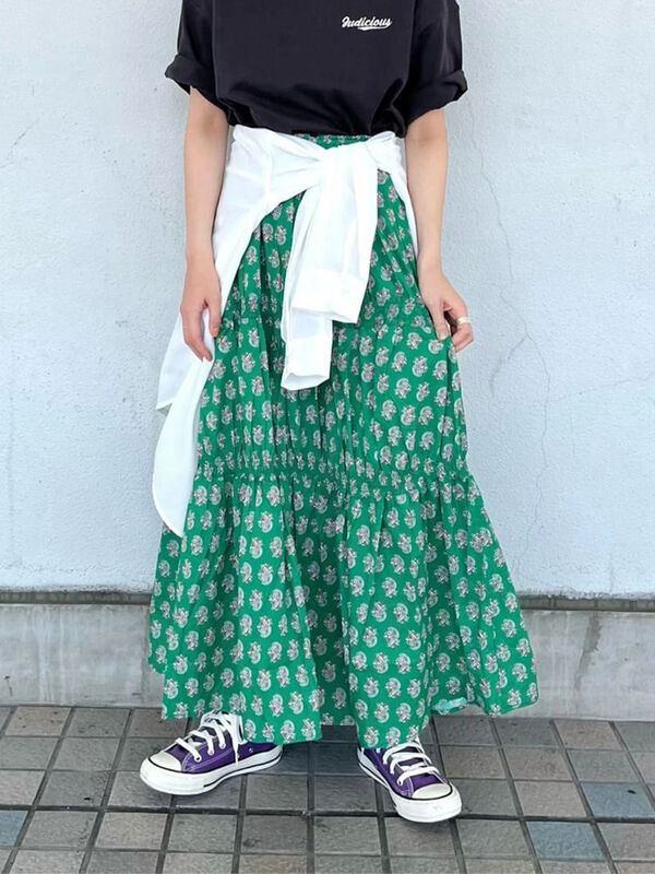 セール】 シャーリングスカート（オフホワイト/ブラック/グリーン