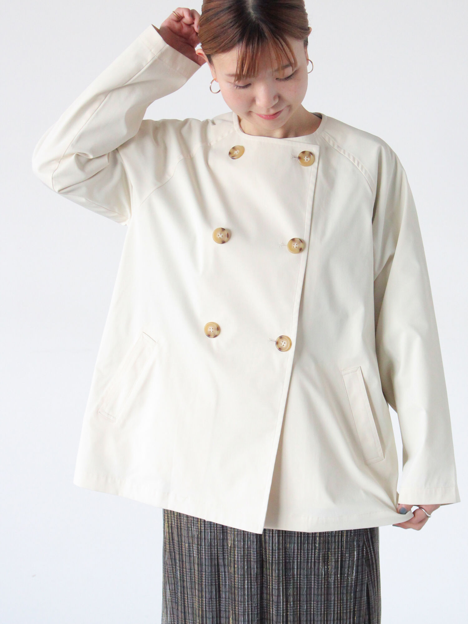 165 NOBLE コットン 春 ショート コート ノーブル サイズ 38 5color/XS-LLsize》ウール混ノーカラーショートコート（ノー