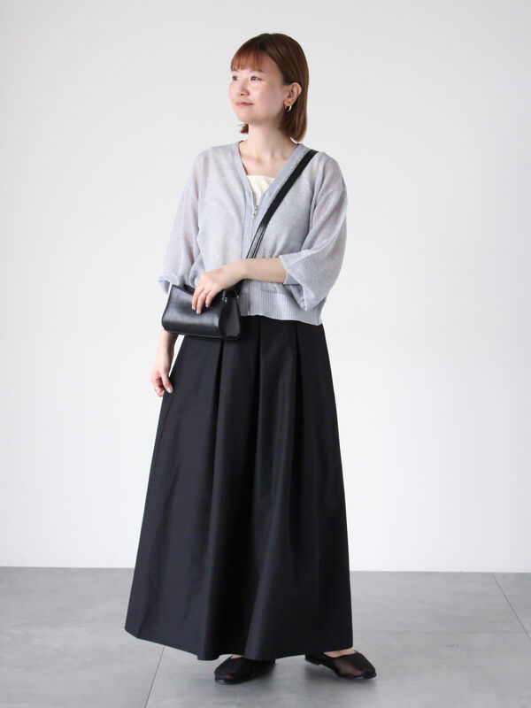 セール】 ラメ混メッシュ編みジップカーディガン（オフホワイト/グレー