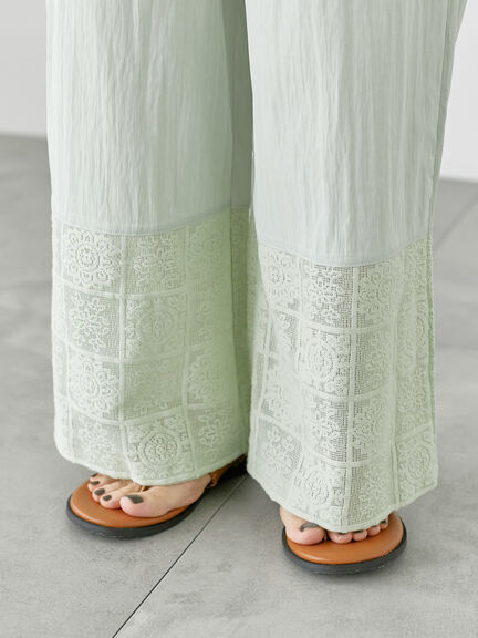 裾レース切り替えイージーパンツ《2025summer catalog item》（オフホワイト/ブラック/グリーン）｜Lugnoncure（ルノンキュール）通販
