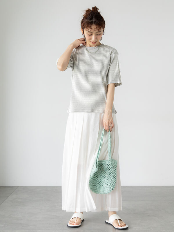 セール】 配色リブボーダートップス（オフホワイト/グレー/ブラウン