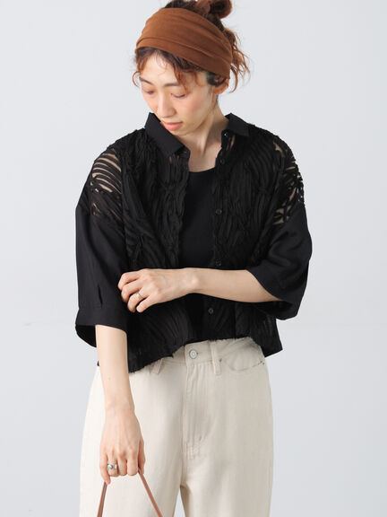 チュールレース切替シアーシャツ《2025summer catalog item》（オフホワイト/ブラック/ベージュ）｜Lugnoncure（ルノンキュール）通販