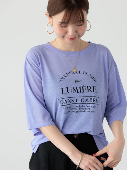 Criminal Damage★半袖 クルーネック ロゴ トップス Tシャツ★紫 セール】 布帛切替メッセージプリントロング半袖クルーネックT