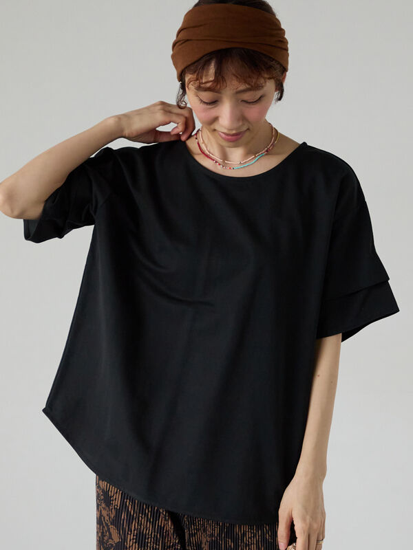 セール】 プレーティング袖タックTシャツ（オフホワイト