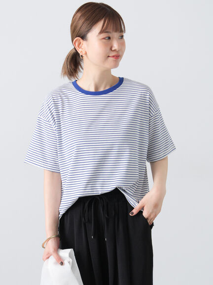【接触冷感】細ボーダーTシャツ（オフホワイト/ブラック/ブラウン/ブルー）｜Lugnoncure（ルノンキュール）通販