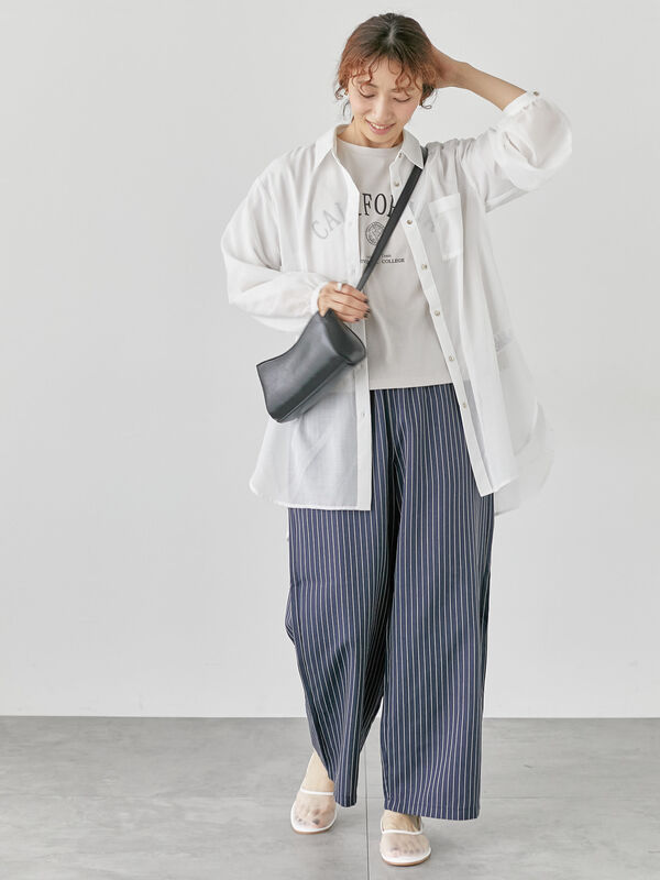 セール】 麻調ストライプイージーパンツ（グレー/ベージュ/ネイビー