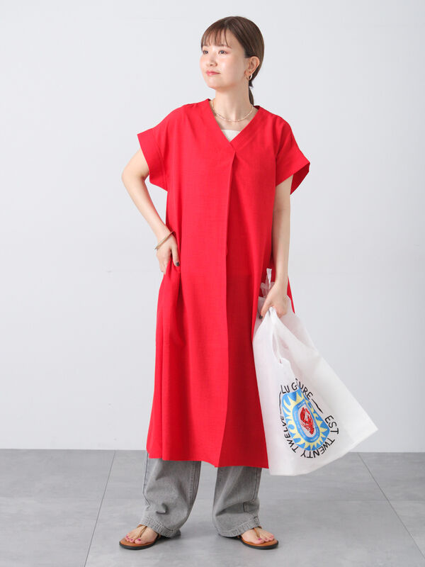 セール】 【接触冷感】麻調サックワンピース（チャコールグレー/レッド