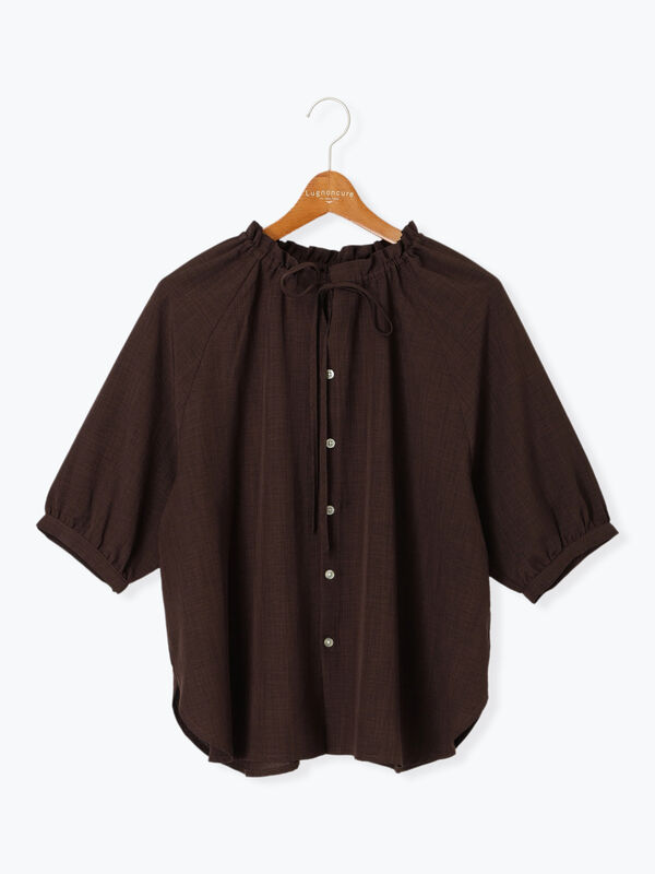 セール】 【接触冷感】麻調フリル衿ブラウス（チャコールグレー