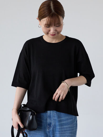 【接触冷感】サイドスリットハーフスリーブニット（オフホワイト/チャコールグレー/ブラック/ブラウン/ブルー）｜Lugnoncure（ルノンキュール）通販