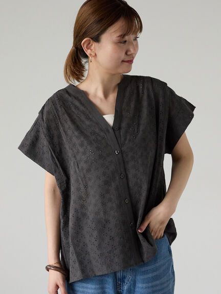 シフリー刺繍前開きブラウス（オフホワイト/チャコールグレー/ブラック/ラベンダー）｜Lugnoncure（ルノンキュール）通販