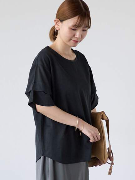 プレーティング袖タックTシャツ（オフホワイト/チャコールグレー/ブラック/ブラウン/カーキ）｜Lugnoncure（ルノンキュール）通販
