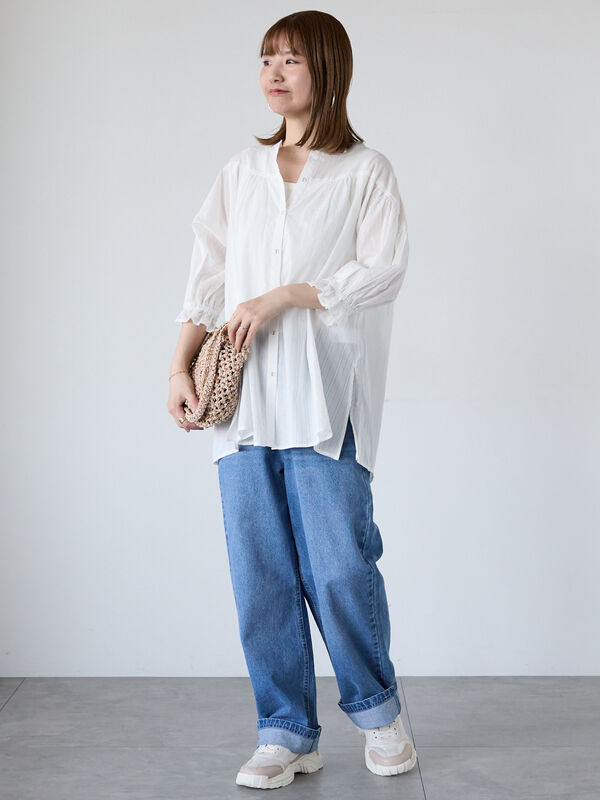 セール】 カラミストライプギャザーブラウス（オフホワイト/ブラック