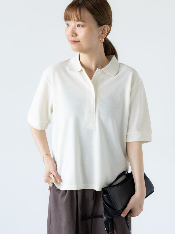 ホワイト　　アシンメトリー　鹿の子　ポロシャツ　プルオーバー イタリア糸 鹿の子編み オーバーサイズ ポロシャツ 通販 - ディノス