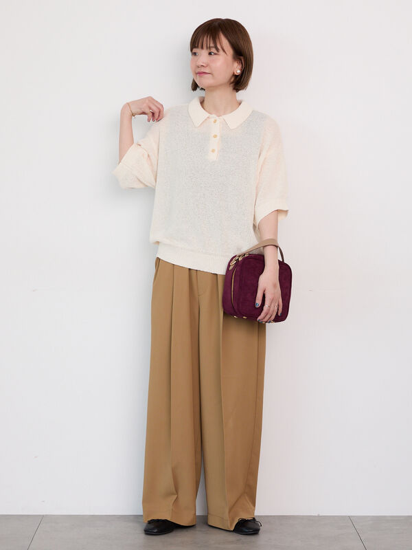 春秋 きらきら セール】 ブークレ半袖ポロニット（オフホワイト/ブラック/オレンジ