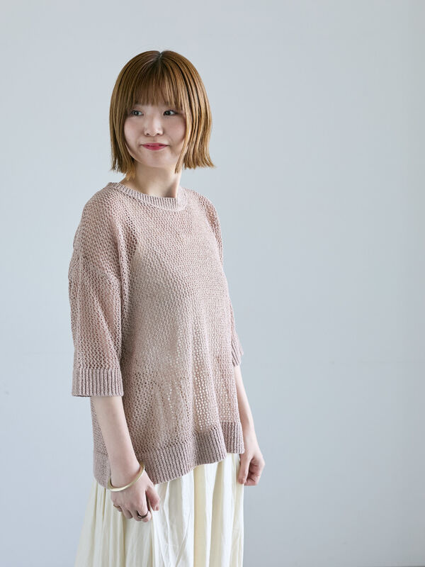 セール】 メッシュ編みハーフスリーブニット（オフホワイト