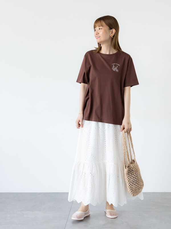 セール】 前後エンブロイダリーTシャツ（オフホワイト/ブラウン