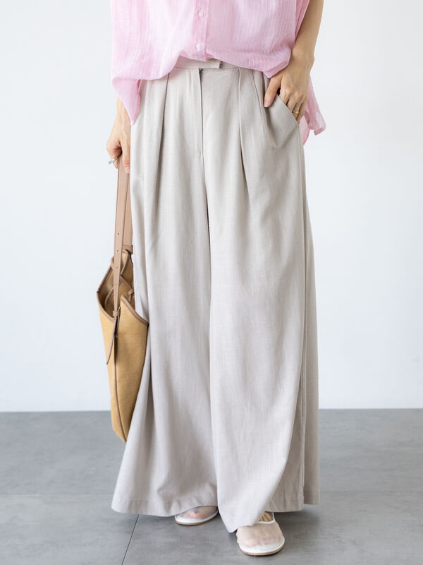 セール】 【セットアップ可】レーヨン麻ワイドパンツ（ベージュ