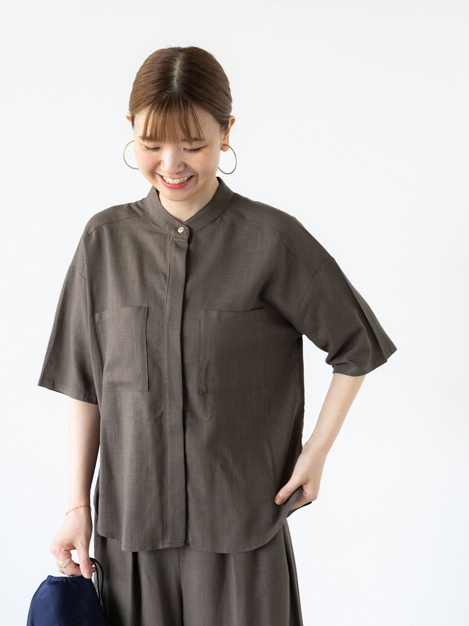 半額 50％OFFの通販 セットアップ可】レーヨン麻半袖シャツ（ベージュ/ブラウン トップス