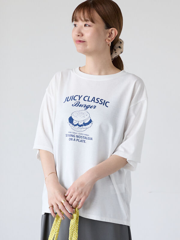 セール】 ハンバーガーモチーフプリントTシャツ（オフホワイト