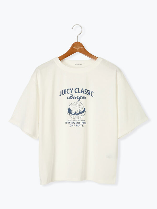 セール】 ハンバーガーモチーフプリントTシャツ（オフホワイト