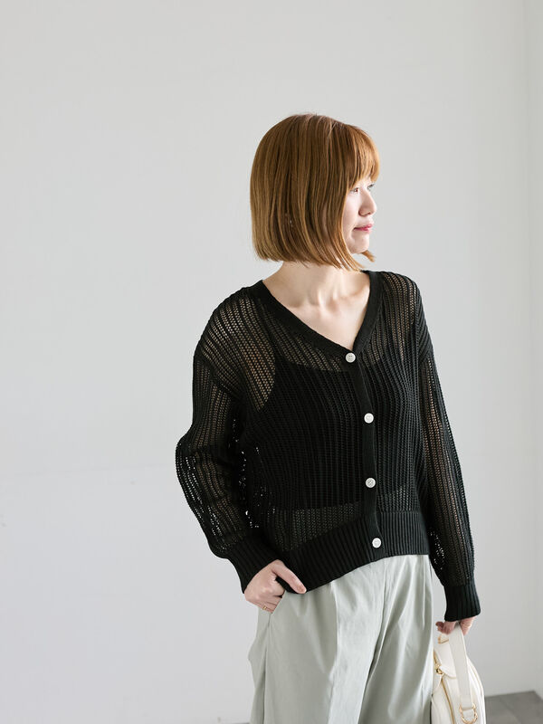 セール】 メッシュ編みVネックカーディガン（オフホワイト/ブラック