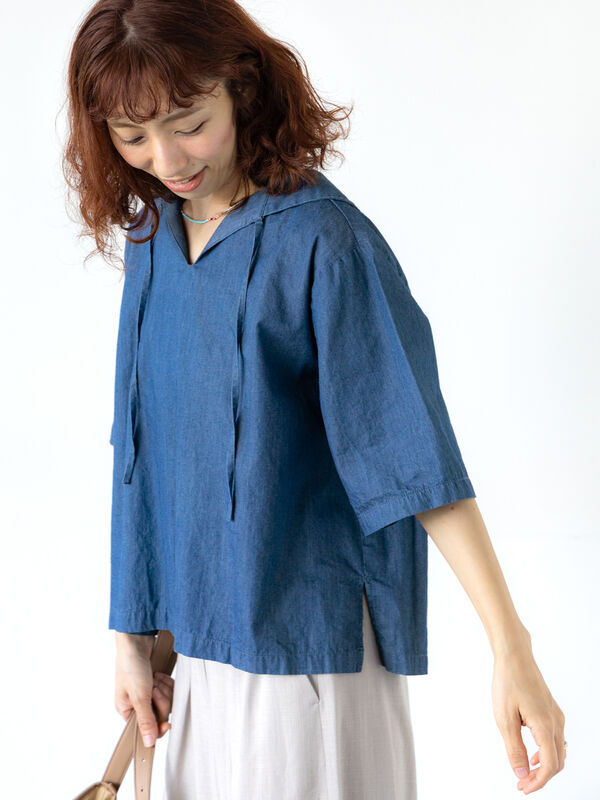 【 ZUCCA 】 デニムカラー　インディゴ　ノーカラー　フレア　ブラウス　青 ZUCCA 】 デニムカラー インディゴ ノーカラー フレア ブラウス