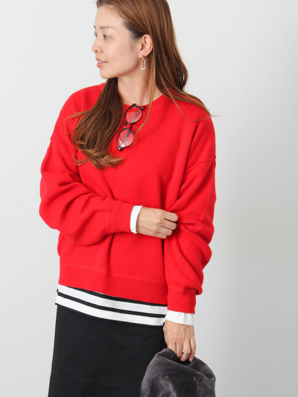 セール】 スウェットライククルーネックニット（オフホワイト/ブラック