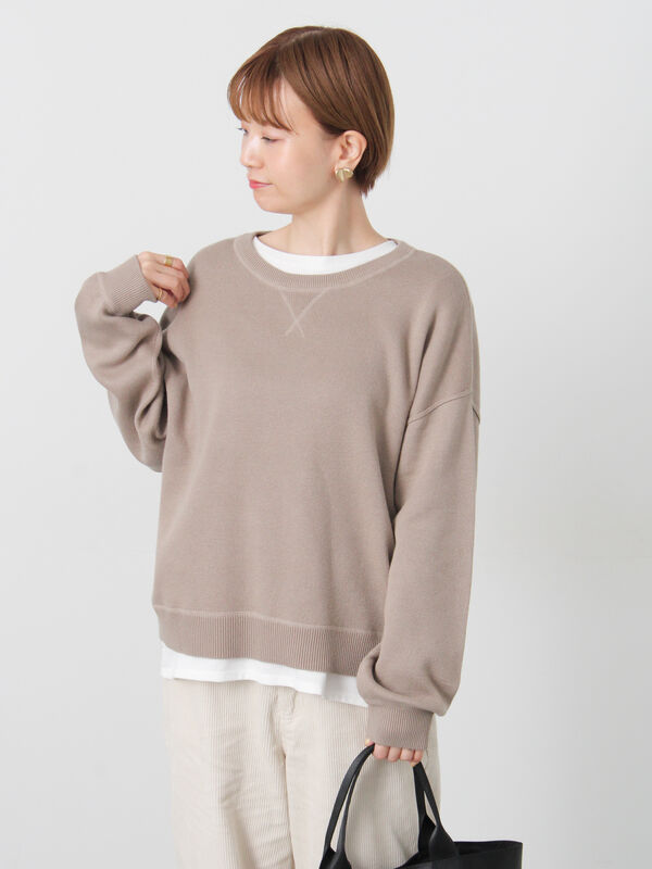 セール】 スウェットライククルーネックニット（オフホワイト/ブラック