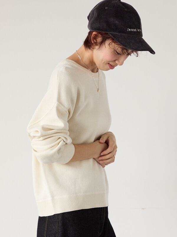 セール】 スウェットライククルーネックニット（オフホワイト/ブラック