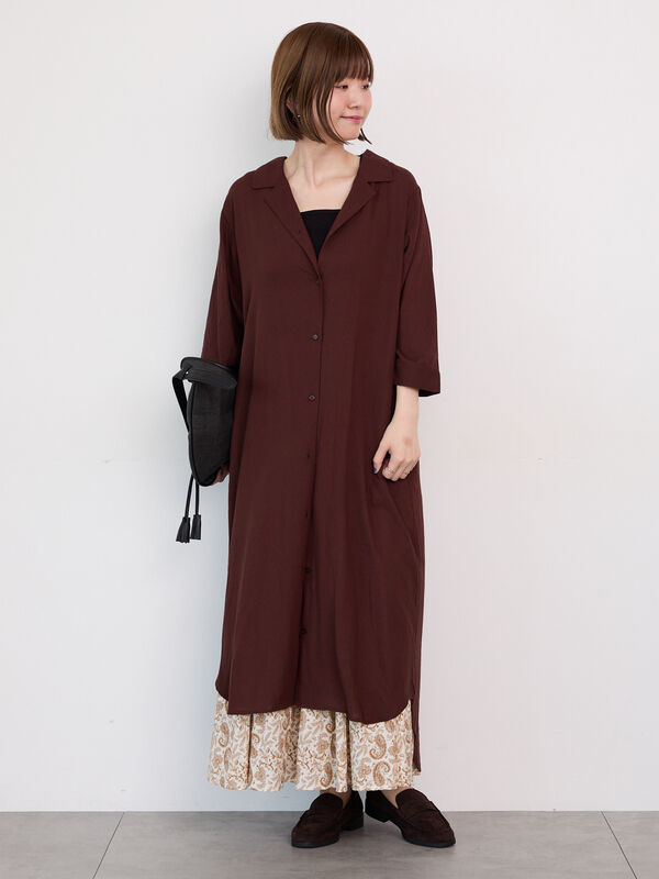 セール】 麻レーヨンシャツワンピース（ブラック/ベージュ/ブラウン