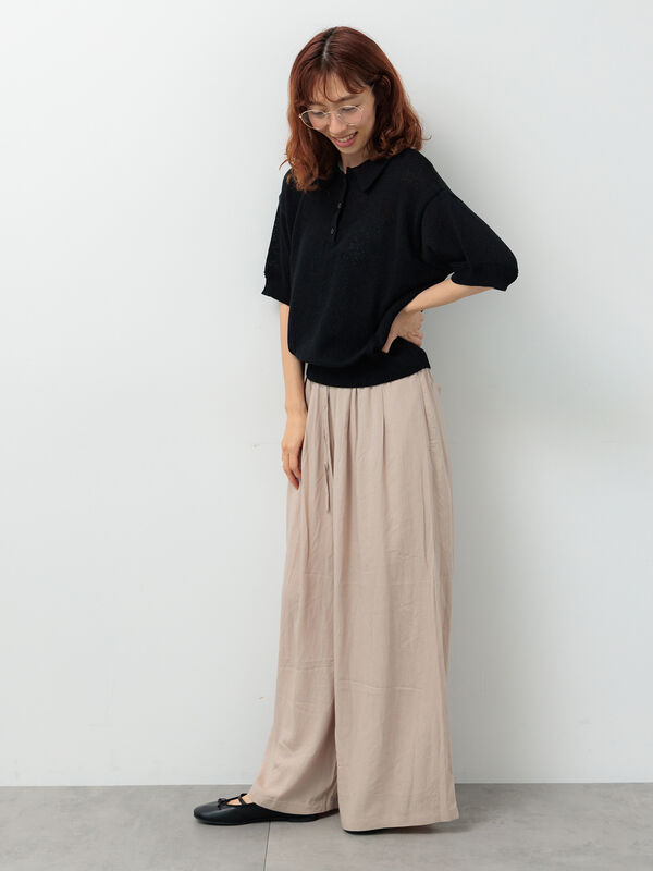 セール】 麻レーヨンワイドイージーパンツ（ブラック/ベージュ