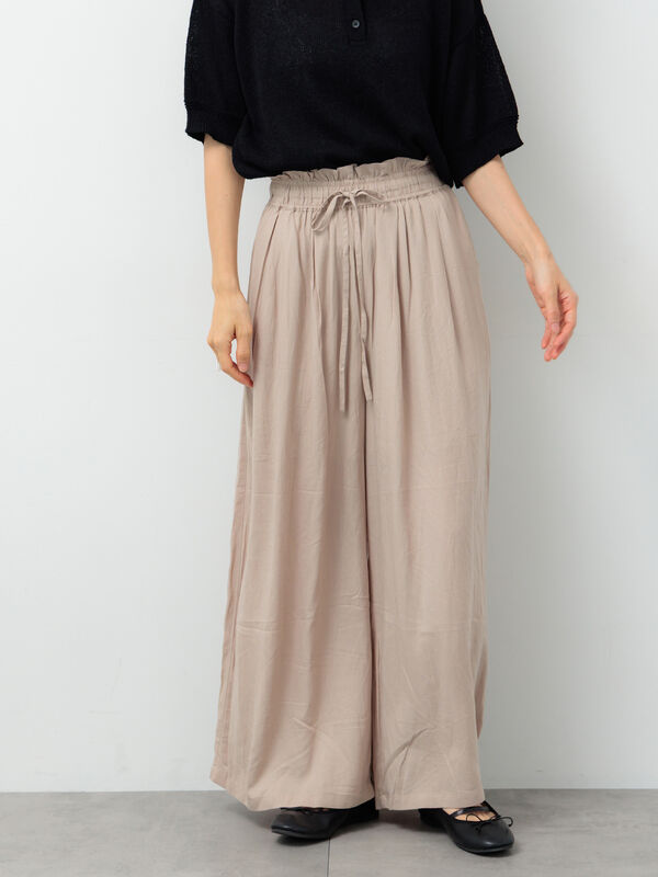 セール】 麻レーヨンワイドイージーパンツ（ブラック/ベージュ