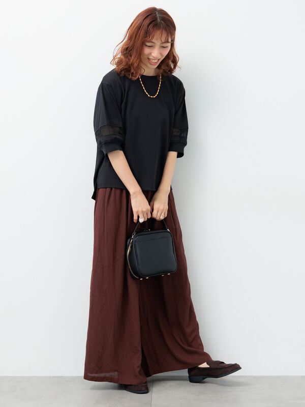 セール】 麻レーヨンワイドイージーパンツ（ブラック/ベージュ