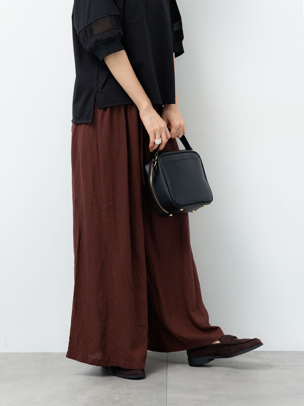 セール】 麻レーヨンワイドイージーパンツ（ブラック/ベージュ